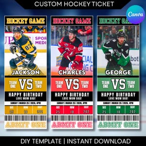 May include: Three custom hockey ticket designs. Each ticket features a hockey player's image, team colours, and the text "HOCKEY GAME." The tickets include the text "HAPPY BIRTHDAY LOVE MOM DAD!" and "ADMIT ONE."