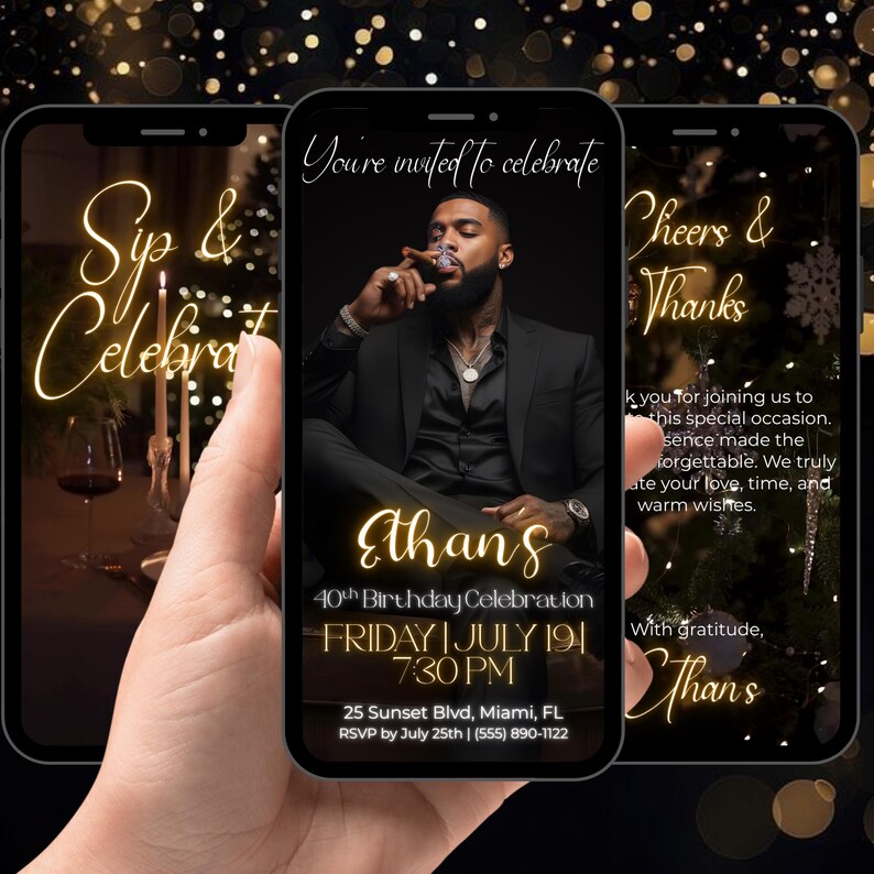 Animated Birthday Dinner Invitation, Men's Party Video Invite, Premade Gold Party Celebration, 30th 40th 50th Men's Birthday, Canva Editable