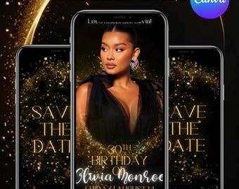Save the Date Gold and Black Animated Video Evite, Save the Date Birthday Invitation, Birthday Evite, Party Evite with Photo, Canva Editable