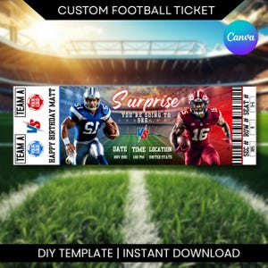 Op de afbeelding: Een aangepast voetbalticketontwerp met een groene veldachtergrond. Het ticket toont twee American football-spelers, de tekst "Surprise" en de datum, tijd en locatie van het evenement. De tekst "Happy Birthday Matt" is ook opgenomen.
