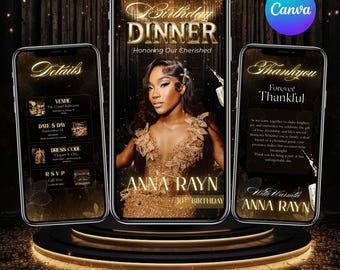 Luxury Gold Birthday Dinner Evite, Elegant Women's Digital Invitation, Elegant Lux Gold Birthday Dinner Invitation, Instant Download