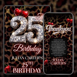 25th Cheetah Print Birthday Invitation, Animated Red Cherry Party Flyer, Vibes Leopard Print Evite, Adult Birthday Dinner, Canva Editable
