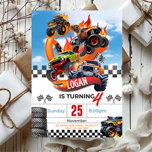 Monster Truck Birthday Invitation, Racing Birthday Invitation, Cars Birthday Invitation, Boy Birthday Party Invitation, Editable in Canva
