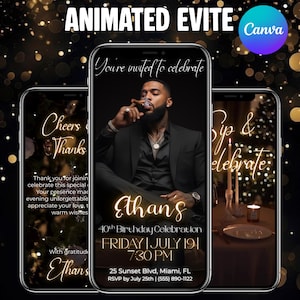 Animated Birthday Dinner Invitation, Men's Party Video Invite, Premade Gold Party Celebration, 30th 40th 50th Men's Birthday, Canva Editable