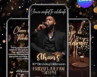 Animated Birthday Dinner Invitation, Men's Party Video Invite, Premade Gold Party Celebration, 30th 40th 50th Men's Birthday, Canva Editable
