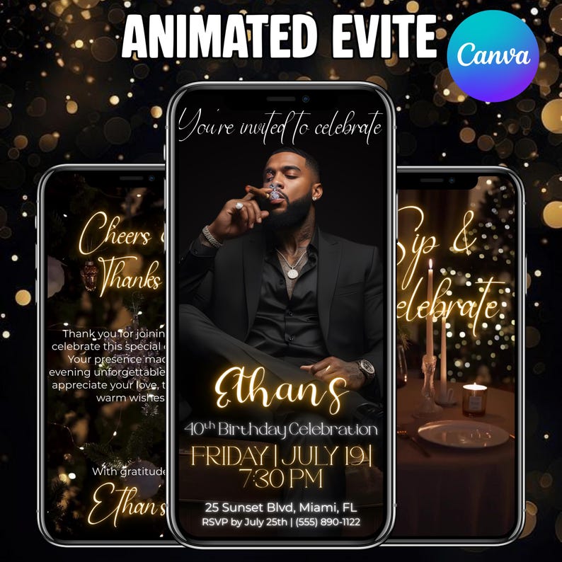 Animated Birthday Dinner Invitation, Men's Party Video Invite, Premade Gold Party Celebration, 30th 40th 50th Men's Birthday, Canva Editable