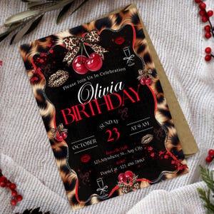 Cheetah Print Birthday Invitation, Leopard Print Birthday Invitation, Black Bow Coquette Party, Instant Download, Printable, Canva Editable