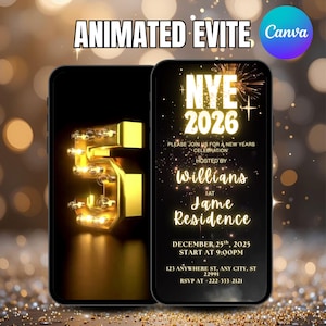Animated New Year’s Eve Party Invitation 2026, Black Gold NYE Evite, Editable Digital Celebration Invite, Phone Text eCard, Canva Editable