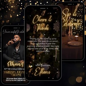 Animated Birthday Dinner Invitation, Men's Party Video Invite, Premade Gold Party Celebration, 30th 40th 50th Men's Birthday, Canva Editable