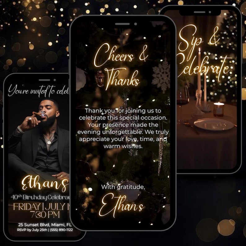 Animated Birthday Dinner Invitation, Men's Party Video Invite, Premade Gold Party Celebration, 30th 40th 50th Men's Birthday, Canva Editable