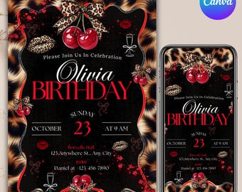 Cheetah Print Birthday Invitation, Leopard Print Birthday Invitation, Black Bow Coquette Party, Instant Download, Printable, Canva Editable