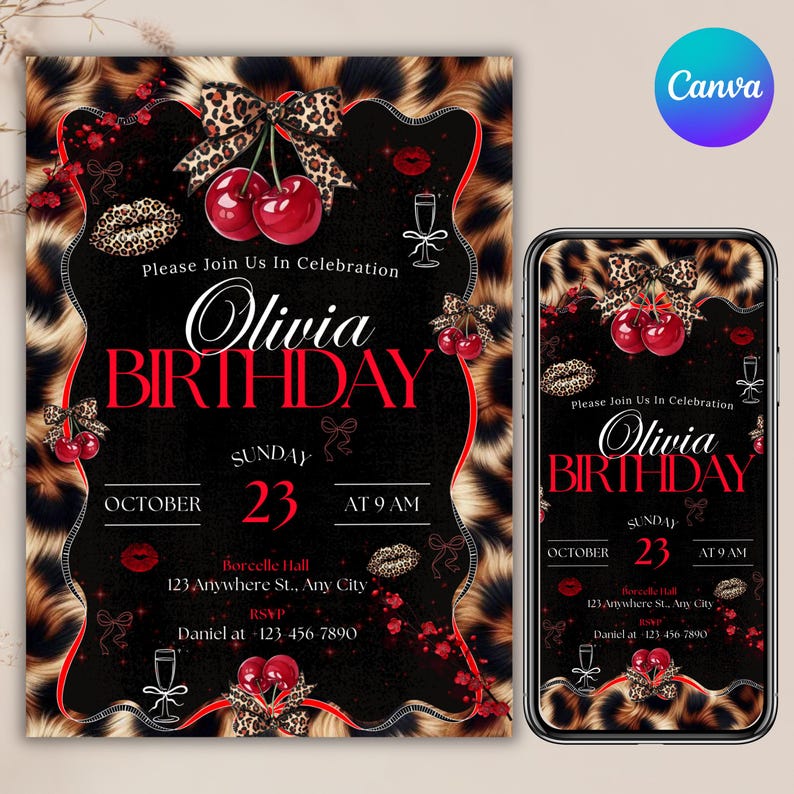 Cheetah Print Birthday Invitation, Leopard Print Birthday Invitation, Black Bow Coquette Party, Instant Download, Printable, Canva Editable
