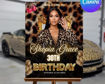 Elegante plantilla de cartel de bienvenida de cumpleaños con diseño de guepardo, póster de fiesta con estampado de leopardo y cereza, dorado y plateado, editable en Canva, descarga digital.