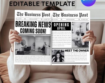 Editable Business Newspaper Template, Digital Custom Newspaper Templates, Brand Announcement, Grand Opening, Photoshoot, Canva Editable