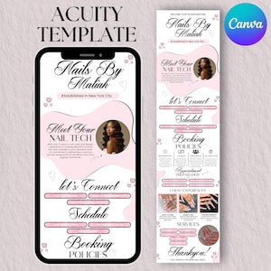 Könnte beinhalten: Ein rosa-weißes Acuity-Template für Nails By Maliah, mit Sitz in New York City. Das Template enthält Abschnitte für Meet Your Nail Tech, Let's Connect, Schedule und Booking Policies, mit Bildern von Nageldesigns.