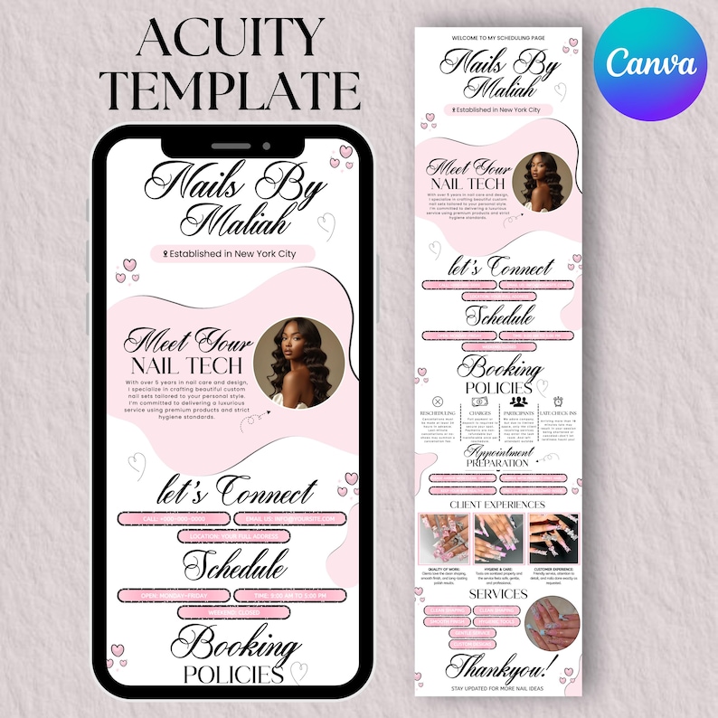 Pink Acuity Scheduling Template Nail Tech, Editable Canva Booking Website, Nail Stylist Acuity Scheduler Site, Luxury Nail Business Template
