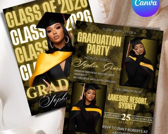 Black gold Graduation Announcement, Class Of 2026 Flyer, Senior Graduation Female Invitation, Graduate photo, College Party, Canva Editable