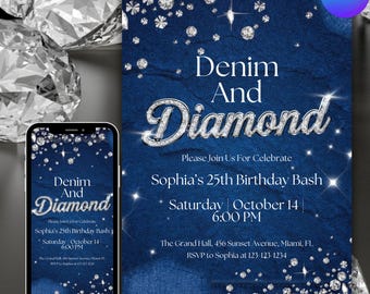 Denim and Diamonds Birthday invitation, Denim Birthday Dinner Invites, denim and diamonds Party Invite, Luxury Invite, Editable in Canva
