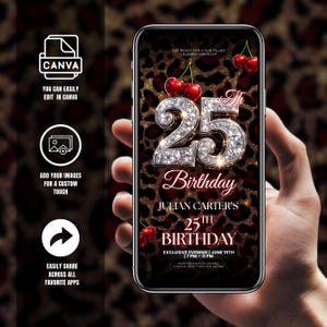25th Cheetah Print Birthday Invitation, Animated Red Cherry Party Flyer, Vibes Leopard Print Evite, Adult Birthday Dinner, Canva Editable