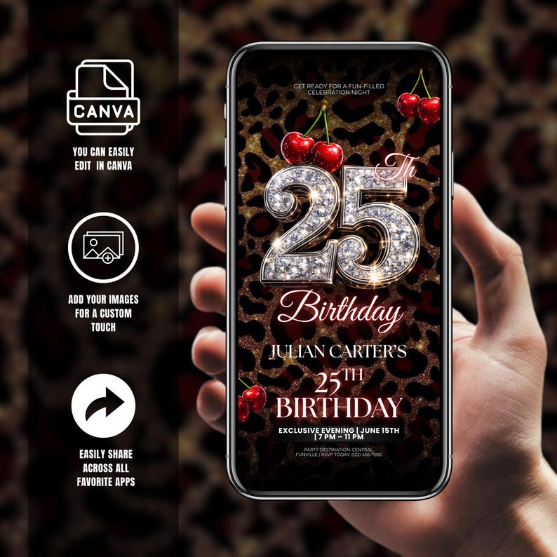 25th Cheetah Print Birthday Invitation, Animated Red Cherry Party Flyer, Vibes Leopard Print Evite, Adult Birthday Dinner, Canva Editable