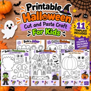 May include: A printable Halloween cut and paste craft set for kids featuring 11 templates including Build a Joker, Build a Skeleton, Build a Frankenstein, Build a Horror Mansion, and Build a Pumpkin with both colored and uncolored versions included.