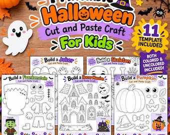 Printable Halloween Cut and Paste Craft for Kids, Halloween Craft Activity, Color and Uncolored Halloween Templates, Instant Download