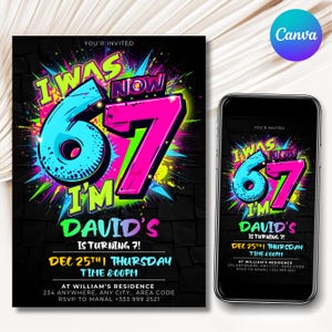 May include: A birthday party invitation with a black brick background. The invitation features the text "I WAS NOW 67 I'M" in bright colors. The invitation also includes the text "David's is turning 7!" and event details.