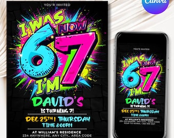 Six Seven Birthday Invitation, I was 6 now I'm 7 Party Invite, 6-7 Birthday Invite, Editable Party Template, Kids Birthday, Digital Download