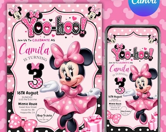 Editable Minnie Mouse Birthday Invitation, Pink Girl Party Invite, Kids Birthday Invite, Minnie Mouse Birthday, Six Birthday, Canva Editable