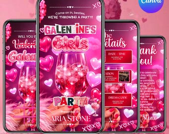 Galentine's Girls Night Invitation, pink galentine's party digital template, Valentine's cocktails Girls night invitation, Canva Editable