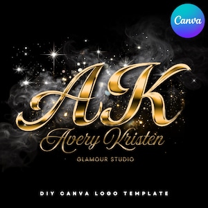 May include: A gold-colored logo design with the letters "AK" in a script font, with the name "Avery Kristen" below. The words "Glamour Studio" and "DIY Canva Logo Template" are also present on a black background with sparkling effects.