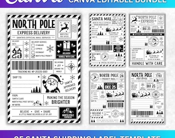 Editable North Pole Shipping Label, Santa Christmas Parcel Sticker, Santa Shipping Labels,  Printable Santa Label, Instant Download