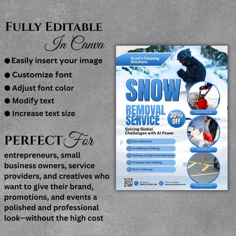 Snow Removal Services Flyer, Snow Shoveling Service Ad, Ice Removal Plowing Poster, Canva Business Flyer, Digital Download, Canva Editable