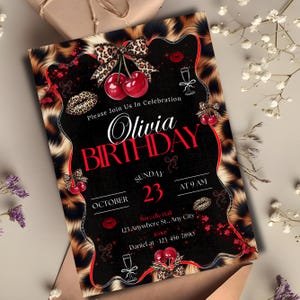 Cheetah Print Birthday Invitation, Leopard Print Birthday Invitation, Black Bow Coquette Party, Instant Download, Printable, Canva Editable