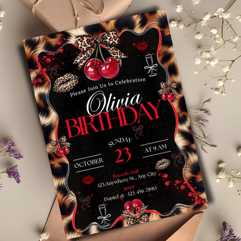 Cheetah Print Birthday Invitation, Leopard Print Birthday Invitation, Black Bow Coquette Party, Instant Download, Printable, Canva Editable