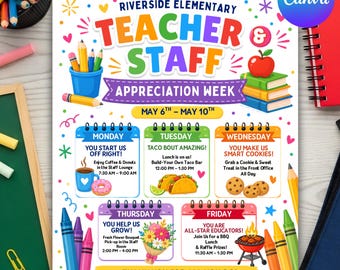 Teachers and Staff Appreciation Week Event Flyer, Teacher & Staff Appreciation Schedule Itinerary, Spring Garden Teacher, Canva Editable