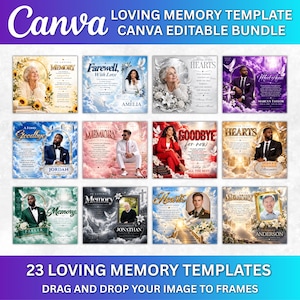 Puede incluir: Una colección de 23 plantillas editables de Canva para programas funerarios y anuncios conmemorativos. Cada diseño presenta un marco para retratos, detalles florales, nubes y texto como In Loving Memory, Farewell With Love y Goodbye.