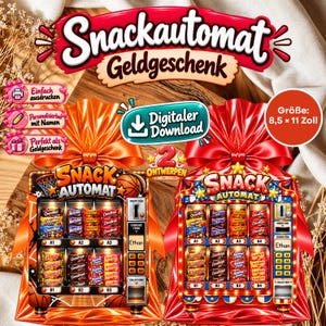 Peut inclure: Un téléchargement numérique présentant deux modèles de distributeurs automatiques de snacks pour offrir en cadeau. Les graphiques incluent le texte Snackautomat Geldgeschenk, Digitaler Download et 2 Ontwerpen. Les distributeurs affichent diverses barres chocolatées et snacks avec des étiquettes comme A1, A2, B1, B2 et une étiquette nominative personnalisée indiquant Ethan. La taille est indiquée comme 8,5 x 11 pouces.