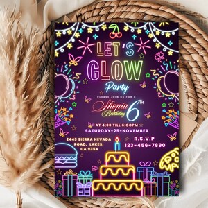 Glow Crazy Birthday Invitation, Neon Glow Party Invite, Let’s Glow Birthday Template, Kids Glow Party, Digital Printable, Canva Editable
