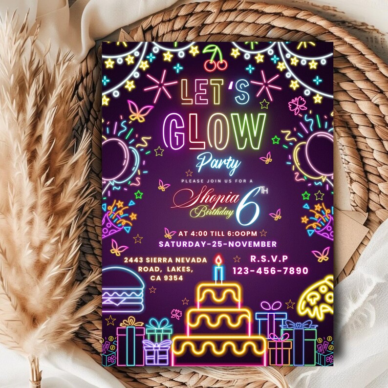 Glow Crazy Birthday Invitation, Neon Glow Party Invite, Let’s Glow Birthday Template, Kids Glow Party, Digital Printable, Canva Editable