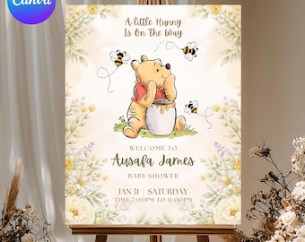 Winnie the Pooh Baby Shower Welcome Sign, Classic Pooh Baby Shower Decor, Boy Baby Shower Welcome Sign, Printable Party Sign, Canva Editable