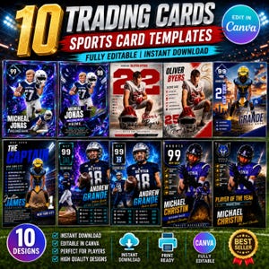 May include: A digital collection of 10 sports trading card templates featuring various athletes in football uniforms, with bold text overlays including 10 TRADING CARDS, SPORTS CARD TEMPLATES, and EDIT IN CANVA, set against a stadium background.