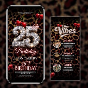 25th Cheetah Print Birthday Invitation, Animated Red Cherry Party Flyer, Vibes Leopard Print Evite, Adult Birthday Dinner, Canva Editable