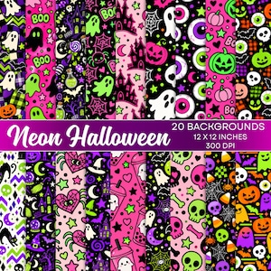May include: A collection of 20 digital backgrounds titled Neon Halloween, each measuring 12 x 12 inches at 300 DPI. The patterns feature vibrant neon-colored ghosts, pumpkins, skulls, spiders, webs, haunted houses, and bats on black and pink.