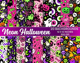 Neon Halloween Digital Paper, Halloween Digital Backgrounds, Bright Spooky Patterns, Ghost Pumpkin Bat Black Cat Paper, Commercial Use