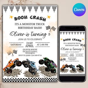 Monster Truck Birthday Invitation, Watercolor Trucks Party, Racing Birthday Invitation, Cars Birthday Invitation, DIY Text, Canva Editable
