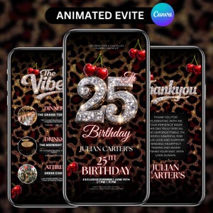25th Cheetah Print Birthday Invitation, Animated Red Cherry Party Flyer, Vibes Leopard Print Evite, Adult Birthday Dinner, Canva Editable