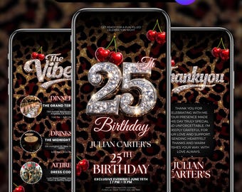 25th Cheetah Print Birthday Invitation, Animated Red Cherry Party Flyer, Vibes Leopard Print Evite, Adult Birthday Dinner, Canva Editable