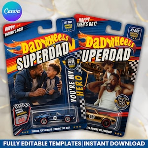 以下が含まれることがあります： 「DADWHEELS」のブランド名、「SUPERDAD」の文字、「HAPPY FATHER'S DAY!」のヘッダーが特徴的な、カスタマイズ可能なミニカー用パッケージテンプレート2枚。各カードには父と子の写真、ブリスターパックに入ったミニカー、「#1 DAD」のバッジがデザインされています。