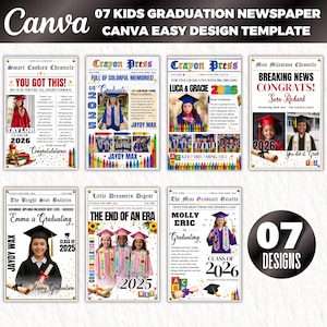 May include: Seven kids' graduation newspaper templates, each with a child's photo, graduation year, and congratulatory messages. The designs are colourful and feature text such as "Congratulations" and "Class of 2025/2026".